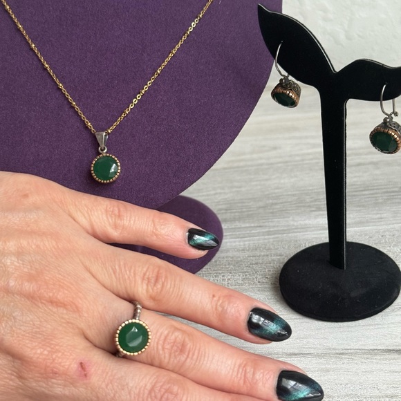 925 Sterling Silver  set of 3 vintage emerald earrings, ring & pendant - Picture 10 of 14